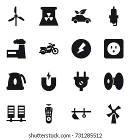 16 vector icon set : windmill, nuclear power, eco car, spark plug, factory, motorcycle, electricity, power socket, kettle, plow