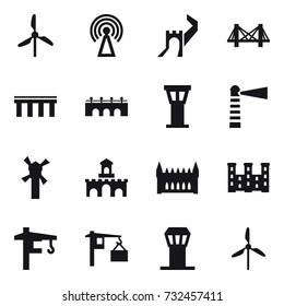 16 vector icon set : windmill, antenna, greate wall, bridge, airport tower, lighthouse, fort, gothic architecture, palace, tower crane