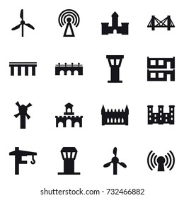 16 vector icon set : windmill, antenna, castle, bridge, airport tower, modular house, fort, gothic architecture, palace, tower crane