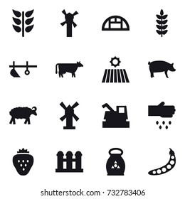 16 vector icon set : windmill, greenhouse, plow, cow, field, pig, sheep, harvester, sow, strawberry, grain elevator, fertilizer, peas