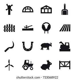 16 vector icon set : windmill, greenhouse, scoop, fence, soil cutter, sheep, field, sickle, horseshoe, harvester, tractor, rabbit, farm fence