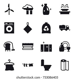 16 vector icon set : windmill, factory filter, cleanser, fountain, washing machine, rag, garbage bag, sweeper, vacuum cleaner, sponge, clean  window, dish cleanser, hanger, drying clothe, toilet