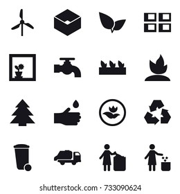 16 vector icon set : windmill, box, panel house, flower in window, water tap, seedling, sprouting, spruce, hand drop, ecology, recycling, trash bin, trash truck, garbage bin