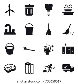 16 vector icon set : windmill, bin, fountain, water tap, bucket, broom, tooth brush, wiping, clean  window, sponge with foam, paper towel, vacuum cleaner, home call cleaning