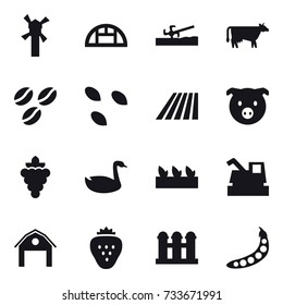 16 vector icon set : windmill, greenhouse, soil cutter, cow, coffee seeds, seeds, field, pig, grape, goose, seedling, harvester, barn, strawberry, grain elevator, peas
