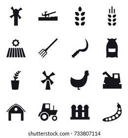 16 vector icon set : windmill, soil cutter, spikelets, field, fork, sickle, flour, seedling, chicken, harvester, barn, tractor, grain elevator, peas