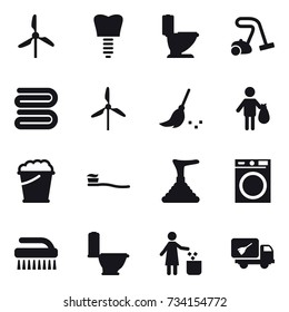 16 vector icon set : windmill, toilet, vacuum cleaner, towel, broom, trash, foam bucket, tooth brush, plunger, washing machine, brush, garbage bin, home call cleaning