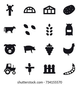16 vector icon set : windmill, greenhouse, cow, seeds, spikelets, flour, pig, grape, chicken, tractor, scarecrow, grain elevator, peas