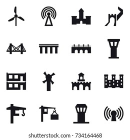 16 vector icon set : windmill, antenna, castle, greate wall, bridge, airport tower, modular house, fort, palace, tower crane