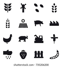 16 vector icon set : windmill, seeds, spikelets, field, pig, seedling, chicken, sheep, harvester, scarecrow, sow, strawberry, grain elevator, peas