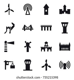 16 vector icon set : windmill, antenna, tower, castle, greate wall, bridge, airport tower, lighthouse, fort, gothic architecture