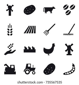 16 vector icon set : windmill, cow, coffee seeds, spikelets, field, fork, rake, harvest, seedling, chicken, harvester, tractor, potato, peas