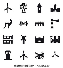 16 vector icon set : windmill, antenna, tower, castle, greate wall, bridge, lighthouse, modular house, gothic architecture, palace, airport tower
