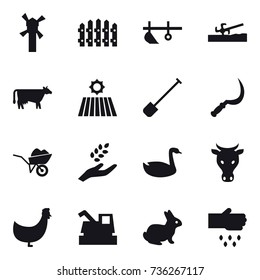 16 vector icon set : windmill, fence, plow, soil cutter, cow, field, shovel, sickle, wheelbarrow, harvest, goose, chicken, harvester, rabbit, sow