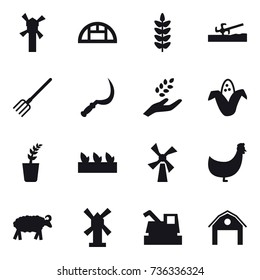 16 vector icon set : windmill, greenhouse, soil cutter, fork, sickle, harvest, corn, seedling, chicken, sheep, harvester, barn