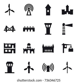 16 vector icon set : windmill, antenna, tower, castle, bridge, airport tower, lighthouse, modular house, fort, gothic architecture