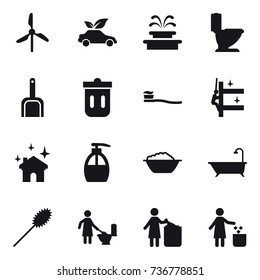 16 vector icon set : windmill, eco car, fountain, toilet, scoop, trash bin, tooth brush, skyscrapers cleaning, house cleaning, liquid soap, foam basin, bath, duster, toilet cleaning, garbage bin