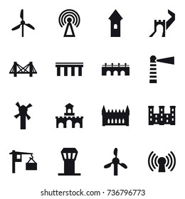 16 vector icon set : windmill, antenna, tower, greate wall, bridge, lighthouse, fort, gothic architecture, palace, airport tower