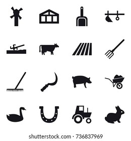 16 vector icon set : windmill, greenhouse, scoop, plow, soil cutter, cow, field, fork, rake, sickle, pig, wheelbarrow, goose, horseshoe, tractor, rabbit
