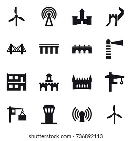 16 vector icon set : windmill, antenna, castle, greate wall, bridge, lighthouse, modular house, fort, gothic architecture, tower crane, airport tower