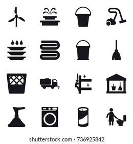 16 vector icon set : windmill, fountain, bucket, vacuum cleaner, plate washing, towel, broom, trash bin, sweeper, skyscrapers cleaning, utility room, plunger, washing machine, cleanser powder