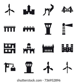 16 vector icon set : windmill, castle, greate wall, bridge, airport tower, lighthouse, modular house, fort, gothic architecture, palace