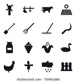 16 vector icon set : windmill, plow, cow, field, shovel, fork, rake, sickle, flour, grape, corn, goose, chicken, scarecrow, sow, grain elevator