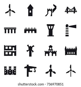 16 vector icon set : windmill, tower, greate wall, bridge, airport tower, lighthouse, modular house, fort, gothic architecture, palace, tower crane