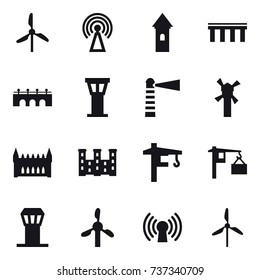 16 vector icon set : windmill, antenna, tower, bridge, airport tower, lighthouse, gothic architecture, palace, tower crane
