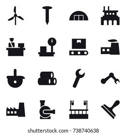 16 vector icon set : windmill, nail, hangare, factory, water pump, skyscapers cleaning, scraper