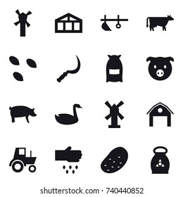 16 vector icon set : windmill, greenhouse, plow, cow, seeds, sickle, flour, pig, goose, barn, tractor, sow, potato, fertilizer