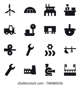 16 vector icon set : windmill, hangare, factory, plow, wrench, water pump, skyscapers cleaning