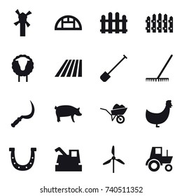 16 vector icon set : windmill, greenhouse, fence, sheep, field, shovel, rake, sickle, pig, wheelbarrow, chicken, horseshoe, harvester, tractor