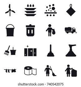 16 vector icon set : windmill, plate washing, rag, bucket, trash bin, trash, sweeper, bucket and broom, clean  window, plunger, drying clothe, toilet paper, brooming, garbage bin