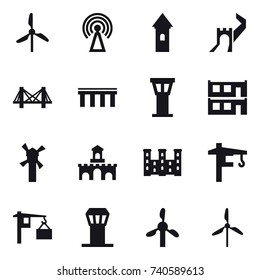 16 vector icon set : windmill, antenna, tower, greate wall, bridge, airport tower, modular house, fort, palace, tower crane