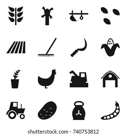 16 vector icon set : windmill, plow, seeds, field, rake, sickle, corn, seedling, chicken, harvester, barn, tractor, potato, fertilizer, peas