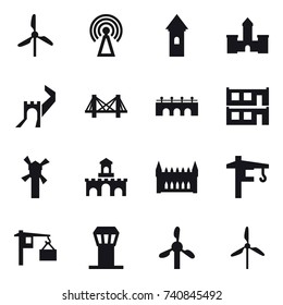 16 vector icon set : windmill, antenna, tower, castle, great wall, bridge, modular house, fort, gothic architecture, tower crane, airport tower