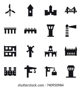 16 vector icon set : windmill, tower, castle, bridge, airport tower, lighthouse, modular house, fort, gothic architecture, palace, tower crane