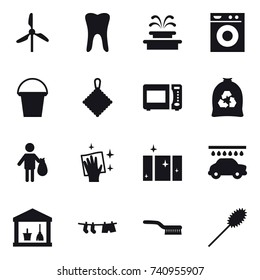 16 vector icon set : windmill, fountain, washing machine, bucket, rag, garbage bag, trash, wiping, clean  window, car wash, utility room, drying clothe, brush, duster