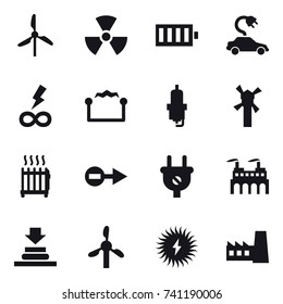 16 vector icon set : windmill, nuclear, battery, electric car, infinity power, electrostatic, spark plug, radiator, factory