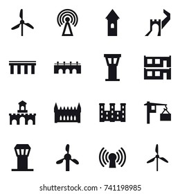 16 vector icon set : windmill, antenna, tower, greate wall, bridge, airport tower, modular house, fort, gothic architecture, palace