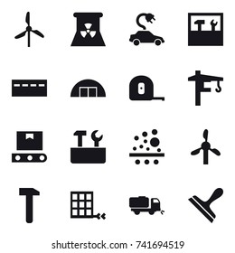 16 vector icon set : windmill, nuclear power, electric car, tools, bunker, hangare, measuring tape, tower crane, repair tools, sweeper, scraper