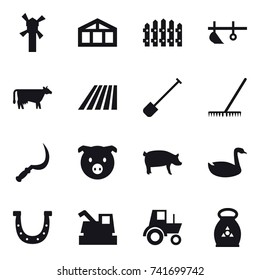 16 vector icon set : windmill, greenhouse, fence, plow, cow, field, shovel, rake, sickle, pig, goose, horseshoe, harvester, tractor, fertilizer