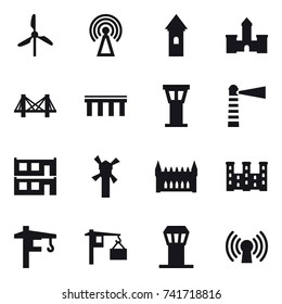 16 vector icon set : windmill, antenna, tower, castle, bridge, airport tower, lighthouse, modular house, gothic architecture, palace, tower crane