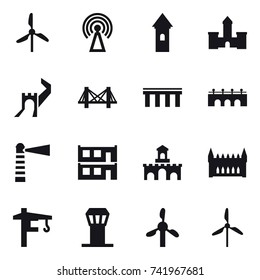 16 vector icon set : windmill, antenna, tower, castle, greate wall, bridge, lighthouse, modular house, fort, gothic architecture, tower crane, airport tower