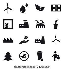 16 vector icon set : windmill, panel house, flower in window, seedling, hand leaf, factory, spruce, ecology, trash bin, trash