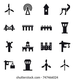 16 vector icon set : windmill, antenna, tower, greate wall, bridge, airport tower, fort, palace, tower crane