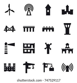16 vector icon set : windmill, antenna, tower, castle, bridge, airport tower, lighthouse, modular house, fort, palace, tower crane