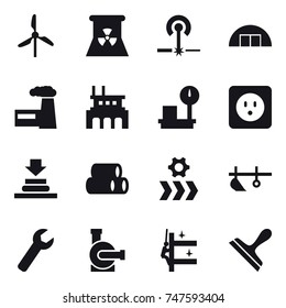 16 vector icon set : windmill, nuclear power, laser, hangare, factory, power socket, plow, wrench, water pump, skyscrapers cleaning, scraper