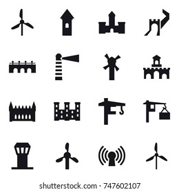 16 vector icon set : windmill, tower, castle, great wall, bridge, lighthouse, fort, gothic architecture, palace, tower crane, airport tower